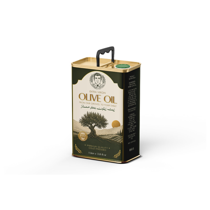 A 1-liter metallic tin container of extra virgin olive oil with a black carrying handle.