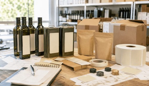 Conjunto de garrafas de azeite de oliva extra virgem, latas metálicas e sacos de papel com rótulos em branco sobre uma mesa de madeira com suprimentos de embalagem e rolo de etiquetas.