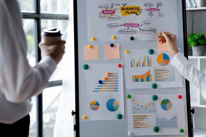 Whiteboard displaying business plan mind maps, charts, and strategic diagrams focused on innovation.